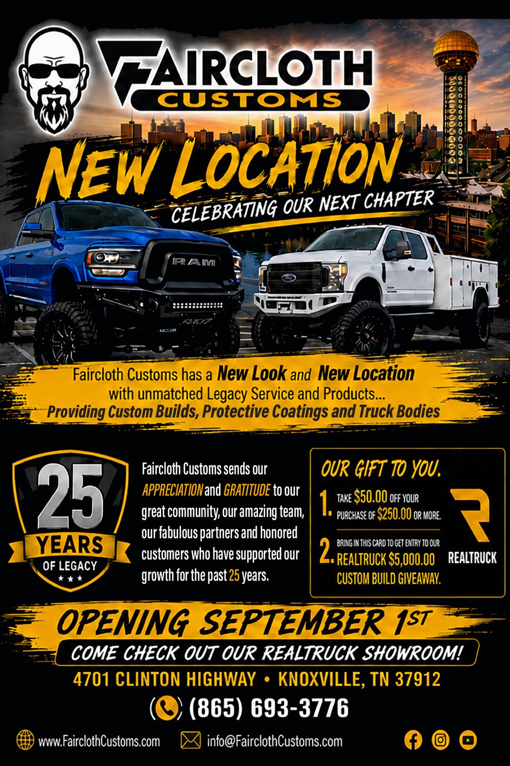 Faircloth Customs new location mailer: bring this card in for an entry to the RealTruck $5,000 custom build giveaway
